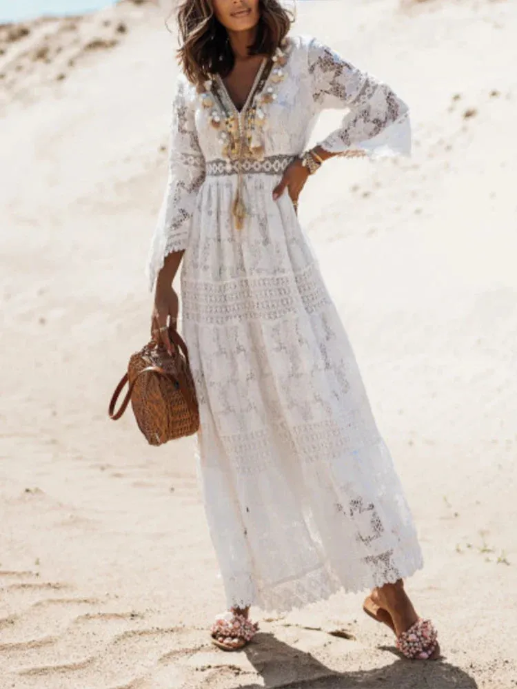 2024 Retro Boho Lace Maxi Dress White Wedding Boho Dress