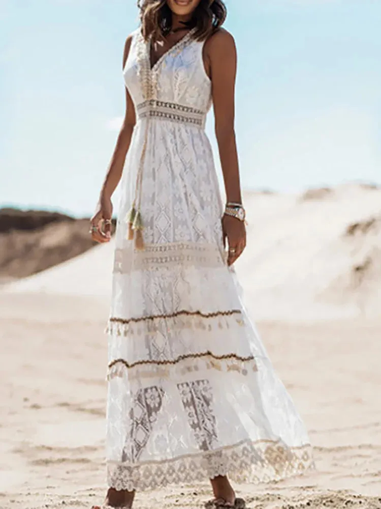 2024 Retro Boho Lace Maxi Dress White Wedding Boho Dress