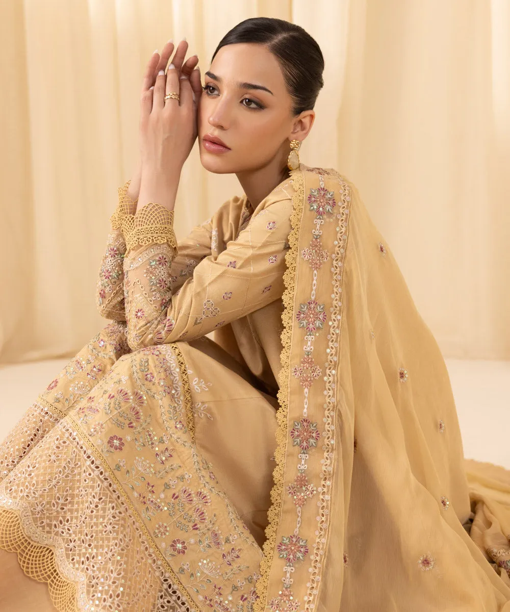 3 Piece -  Embroidered Cotton Net Suit