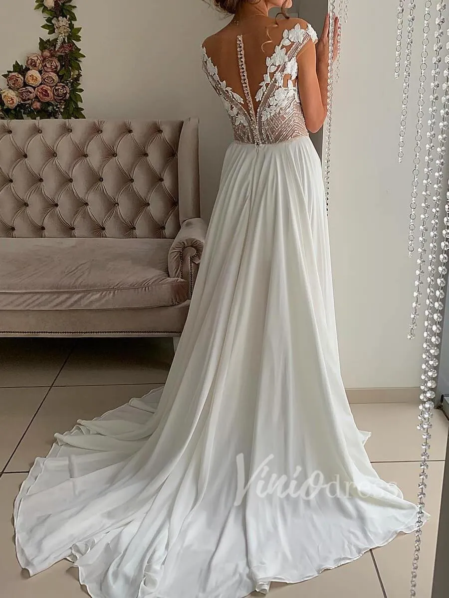 Beaded Chiffon Beach Wedding Dresses with Side Slit VW1260