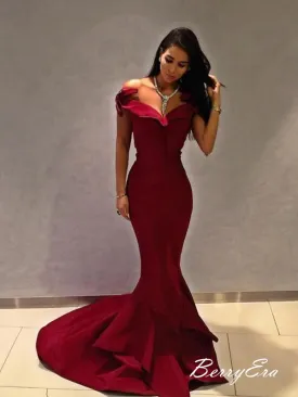 Burgundy Mermaid Off The Shoulder Beauty Long Prom Dresses, Prom Dresses