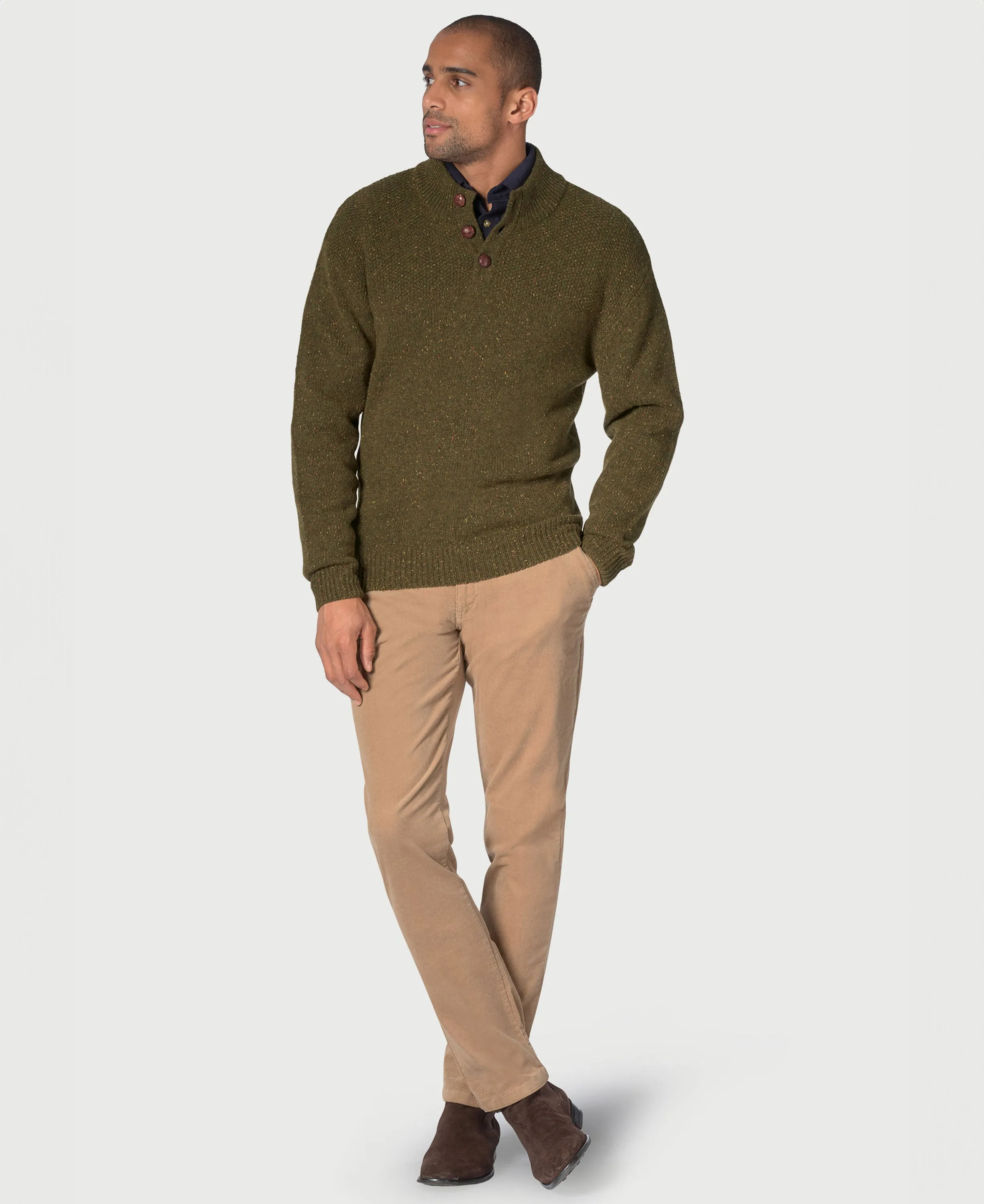 Eamont Button Neck Rice Knit Jumper - Moss