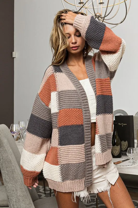 ELARA ULTI COLOR CHECKER BLOCK SWEATER CARDIGAN S-XL