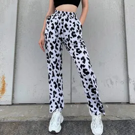 Fashion Women's Casual Cow Printed Harajuku Elastic High Waist Wide Leg Long Pants Trousers Streetwear