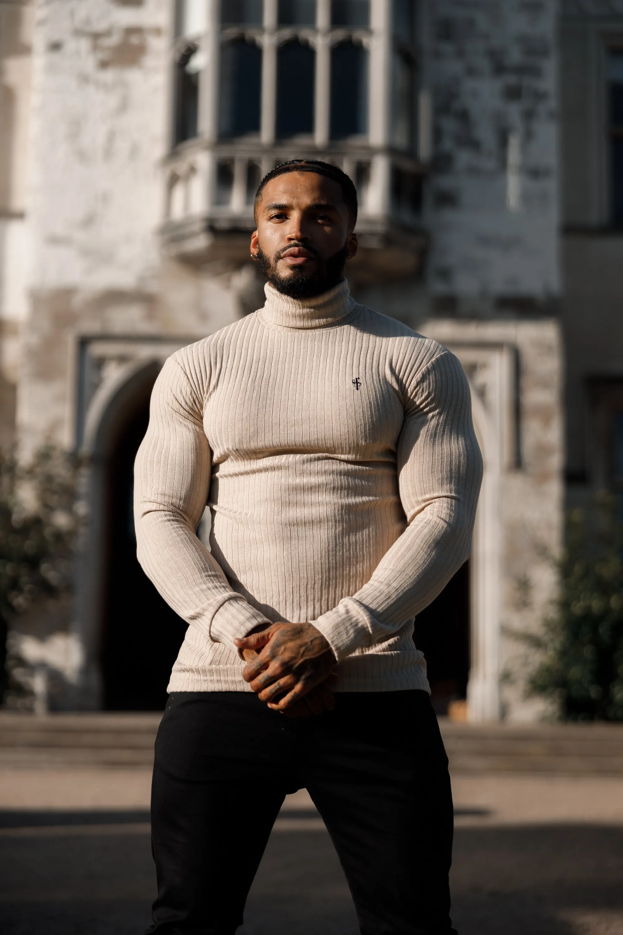 Father Sons Classic Beige / Black Ribbed Knit Roll Neck Sweater - FSH779