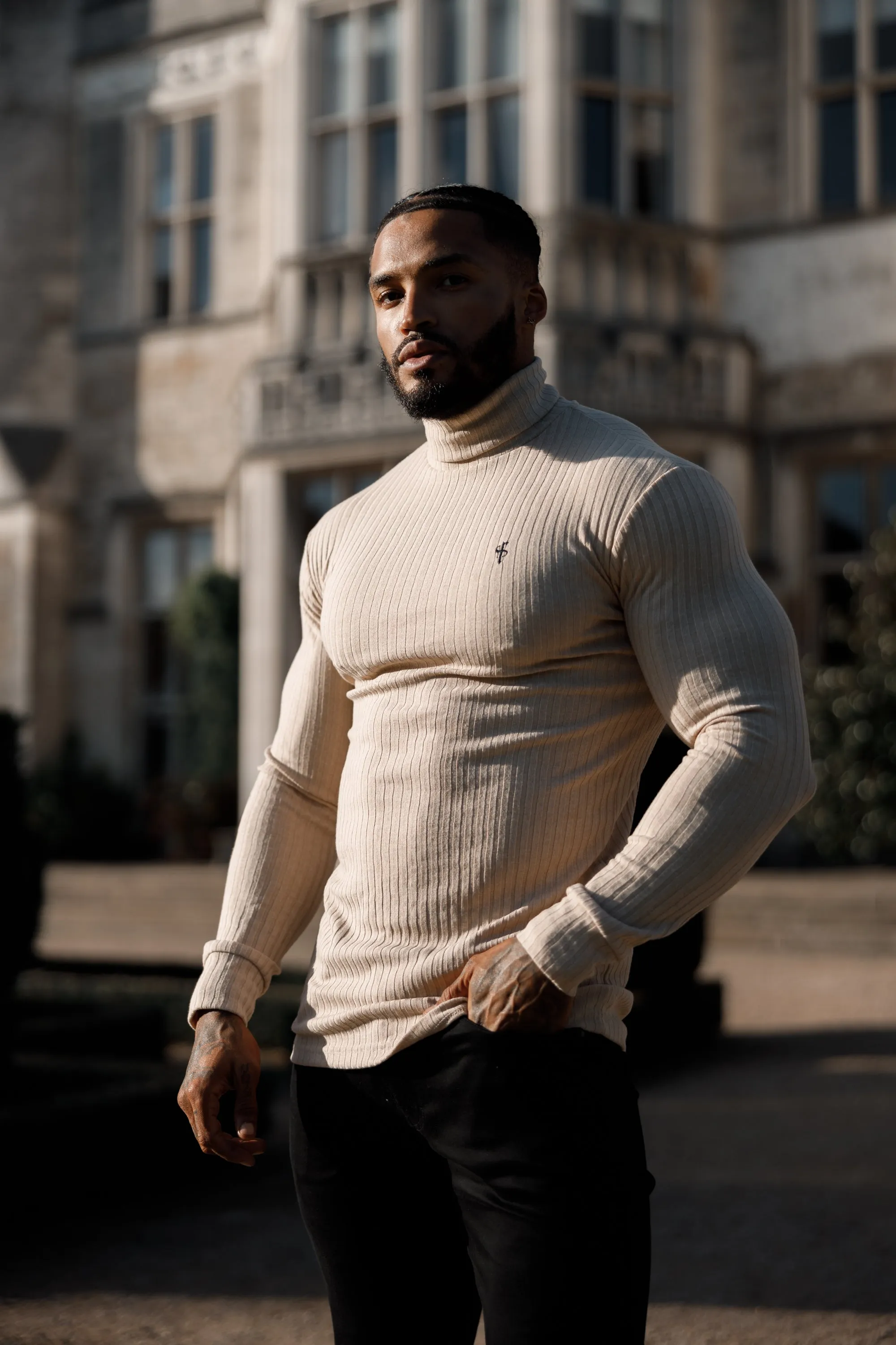 Father Sons Classic Beige / Black Ribbed Knit Roll Neck Sweater - FSH779