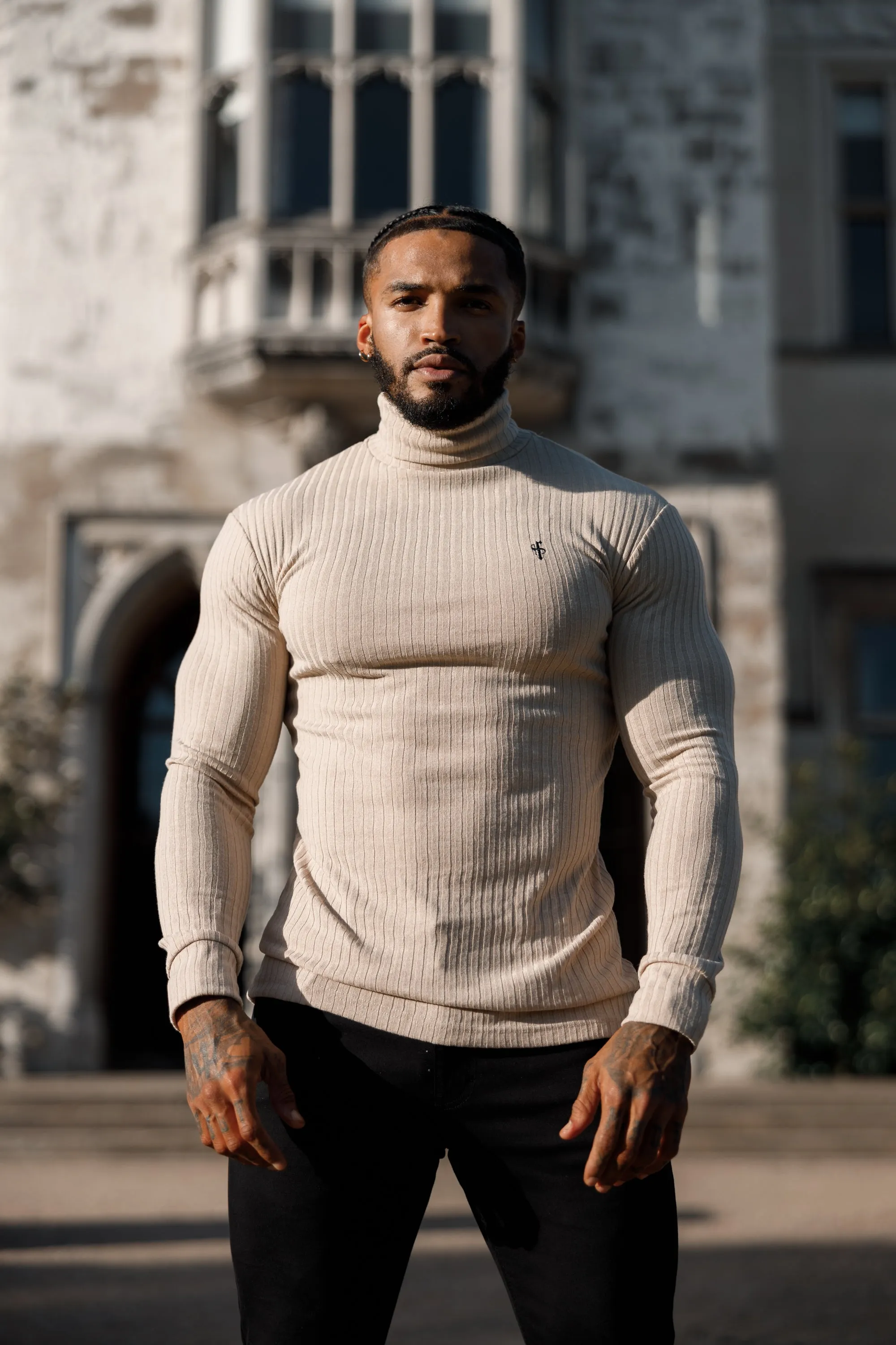 Father Sons Classic Beige / Black Ribbed Knit Roll Neck Sweater - FSH779