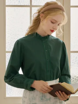 【Flash Sale】Yamileth Retro Mock Collar Lace Trimmed Paneled Green Blouse