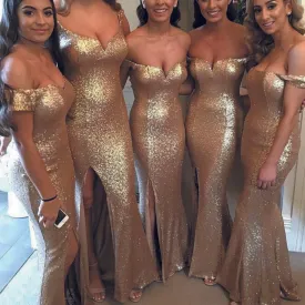 gold sequin mermaid bridesmaid dresses long off the shoulder sparkle elegant cheap wedding party dresses 2020