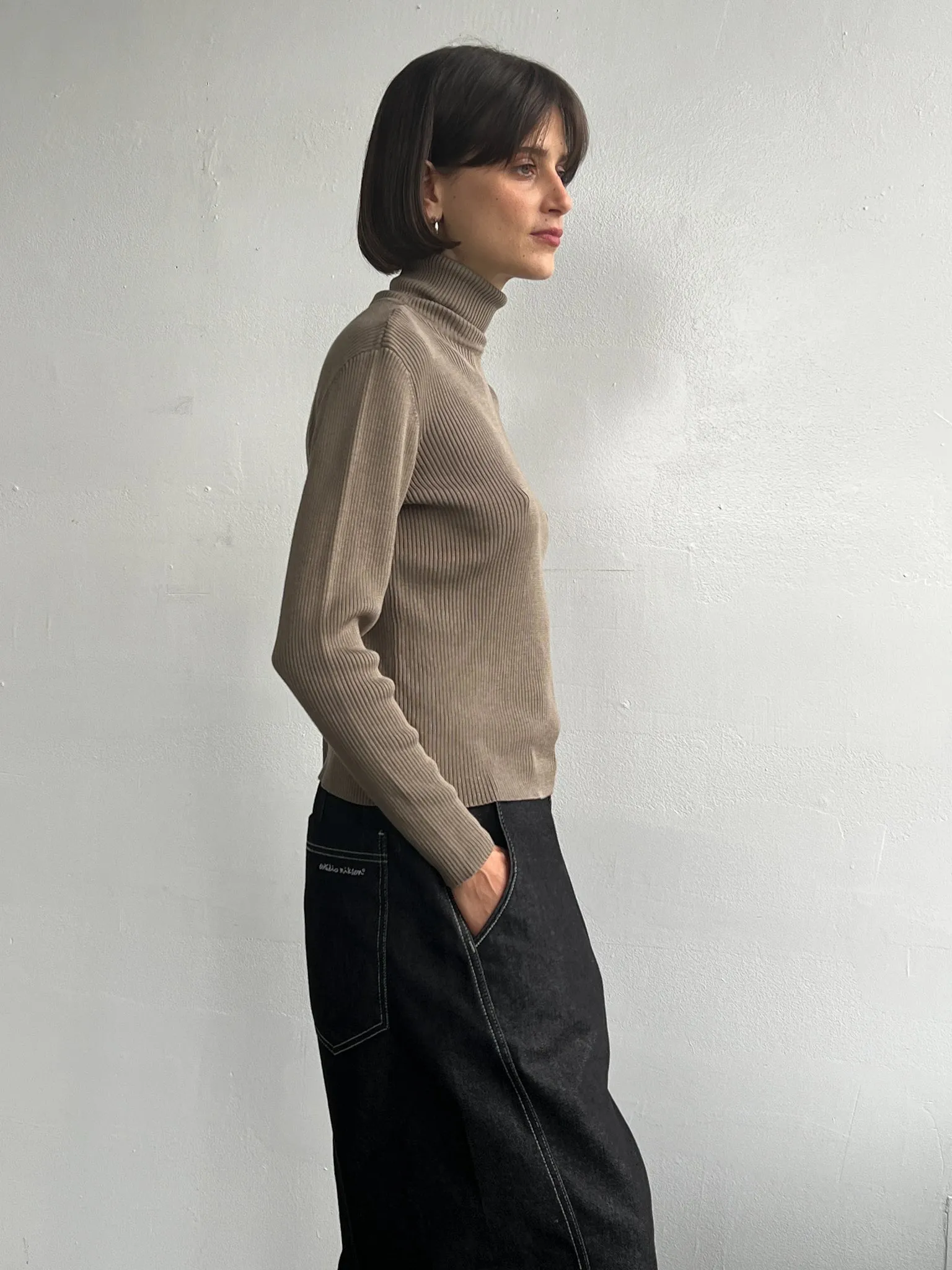 Khaki Silk Ribbed Turtleneck (M)