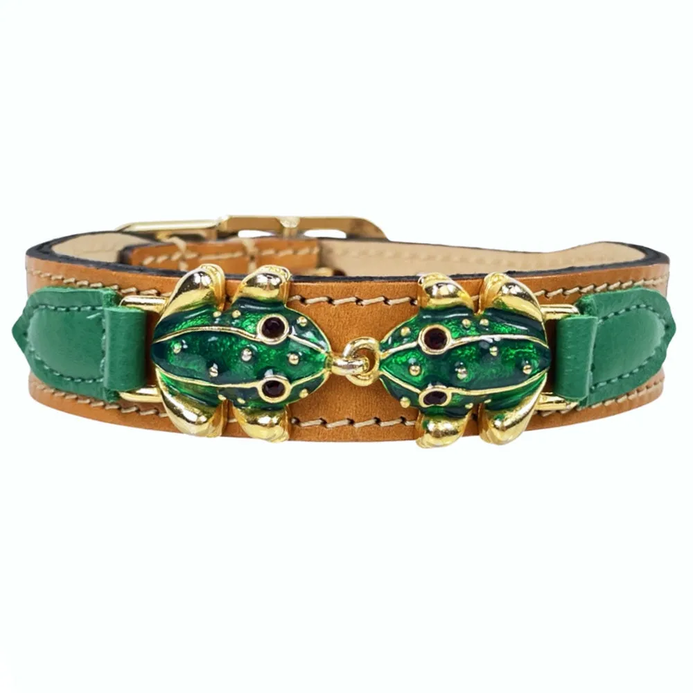 Leap Frog Dog Collar in Tan, Emerald Green Tabs & Gold