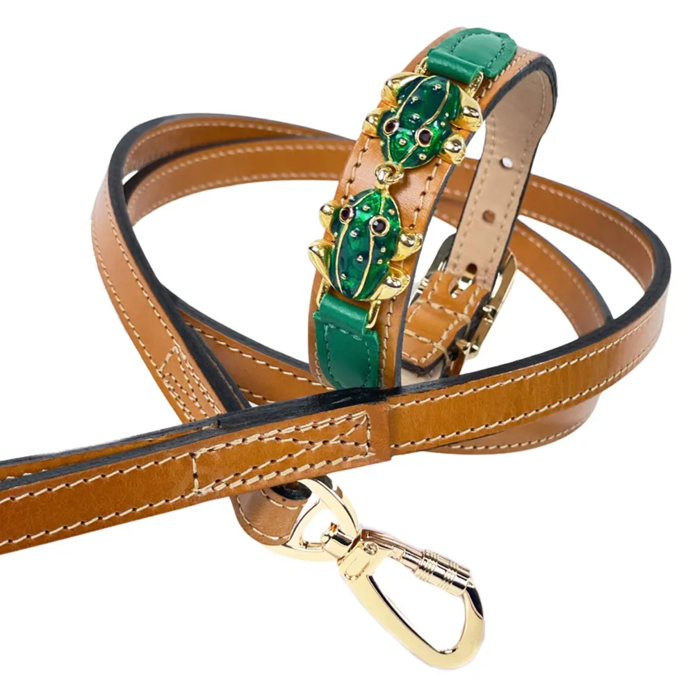 Leap Frog Dog Collar in Tan, Emerald Green Tabs & Gold