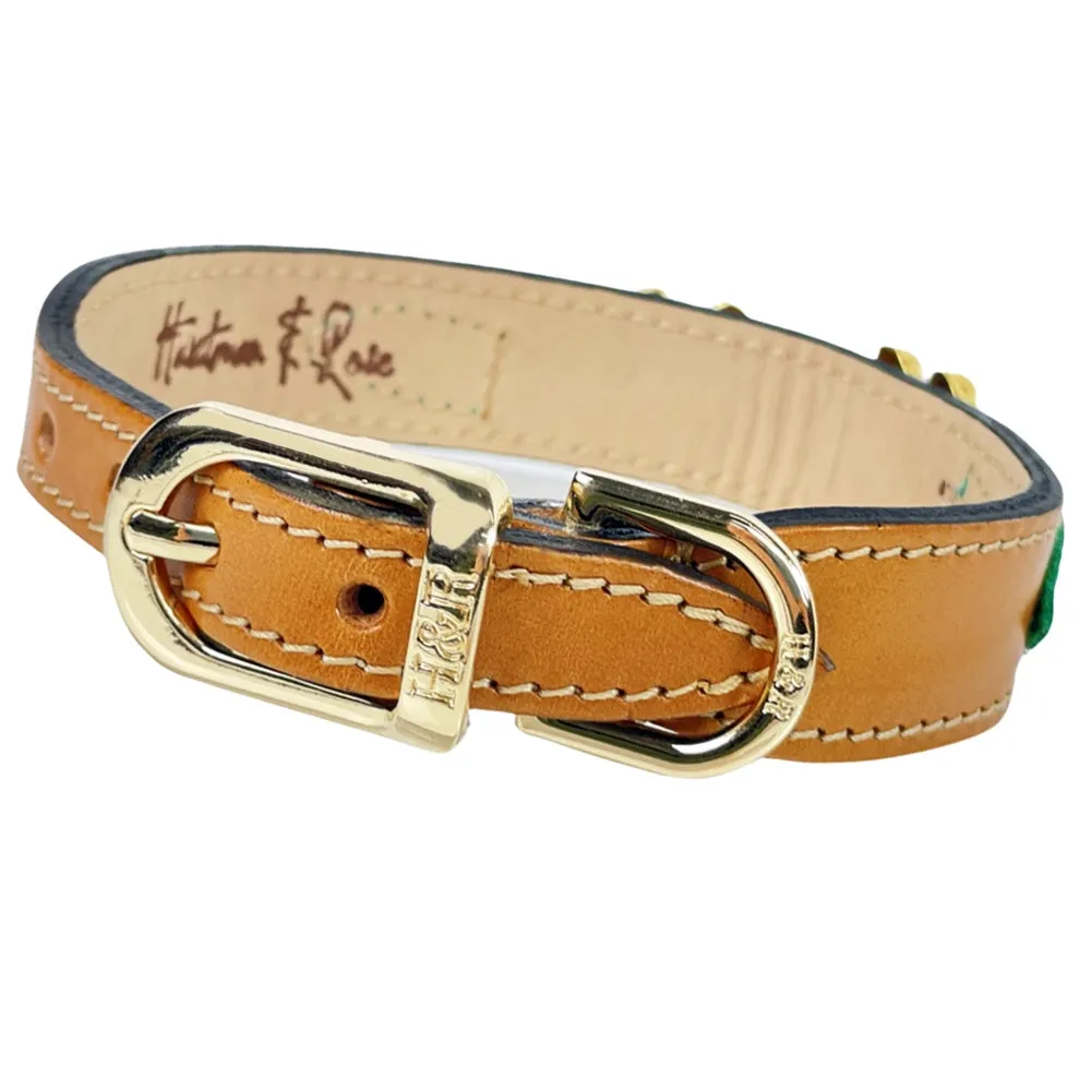 Leap Frog Dog Collar in Tan, Emerald Green Tabs & Gold