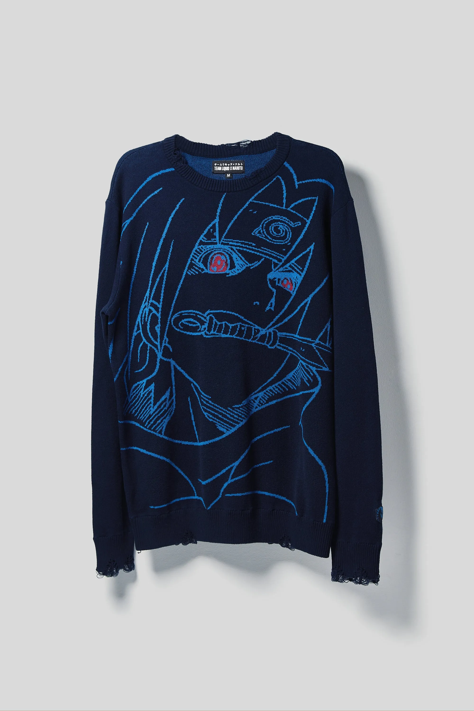 LIQUID x NARUTO 20Y SASUKE DISTRESSED KNIT SWEATER