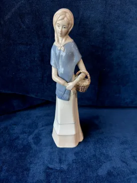 Lladro Style Porcelain Woman w/Egg Basket Figurine