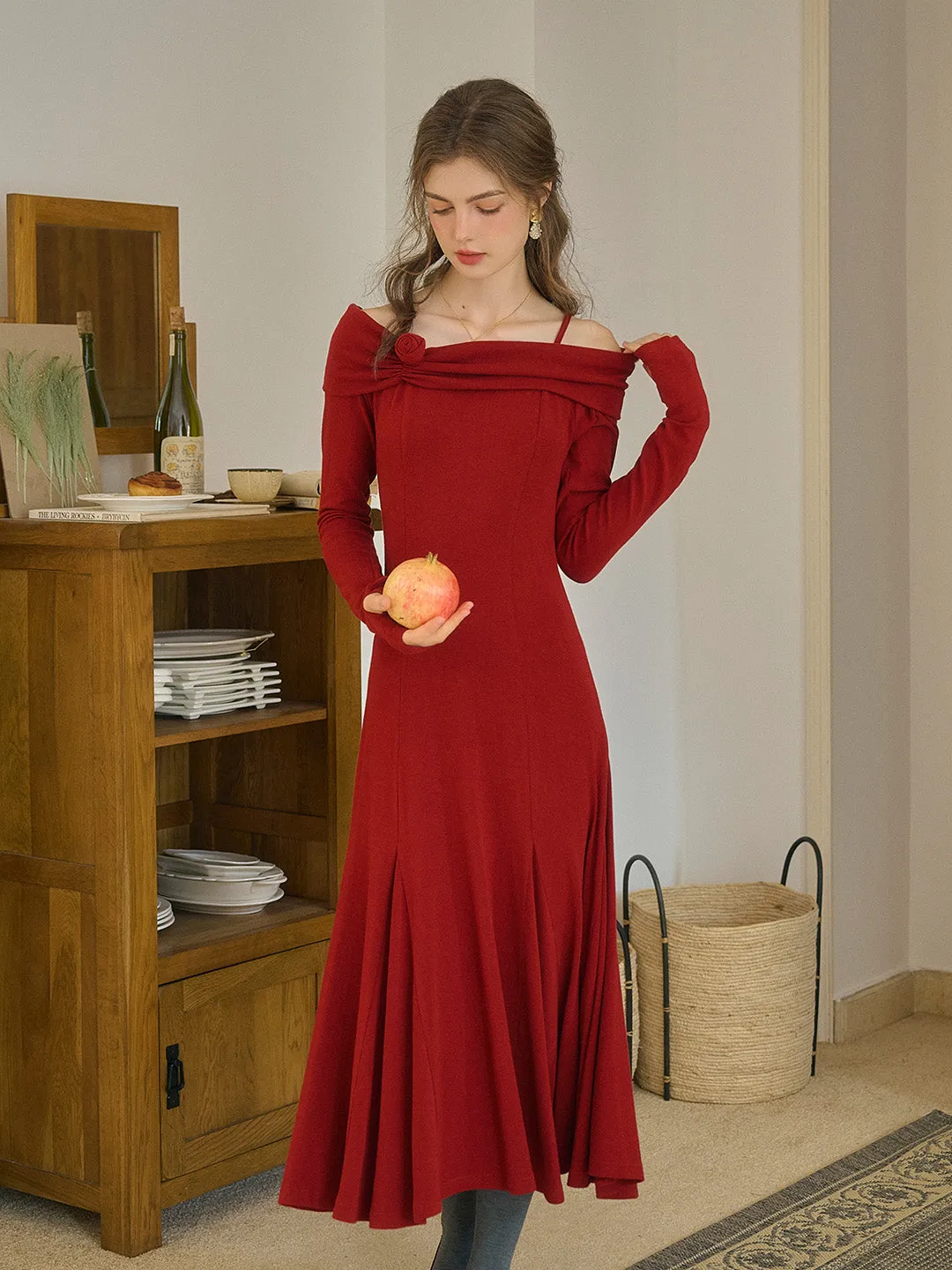 Lucille Elegant Off-Shoulder Rose Mid Dress (with Ribbon)-Red