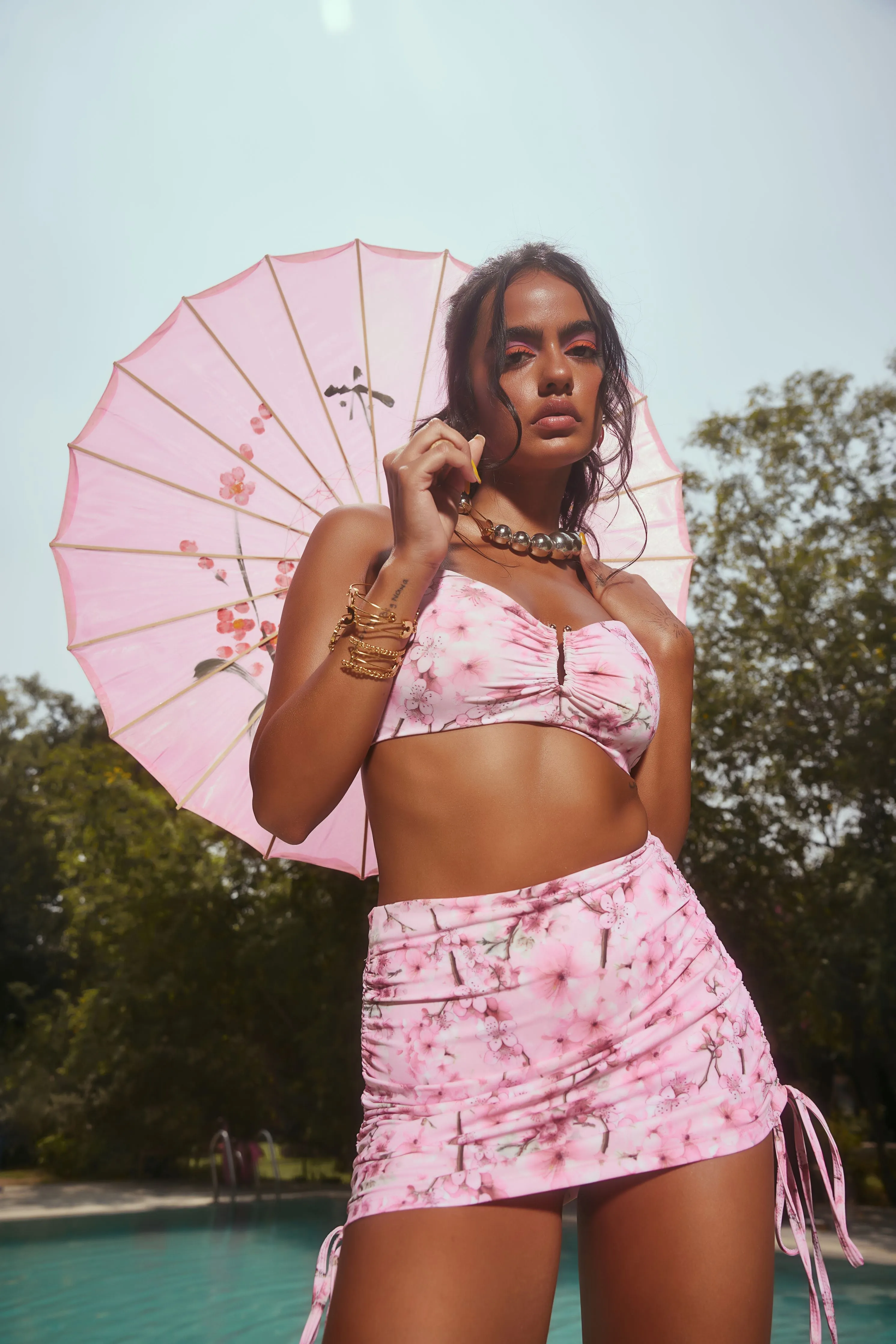 Mariela Pink Cherry Blossom Swim Skirt Set