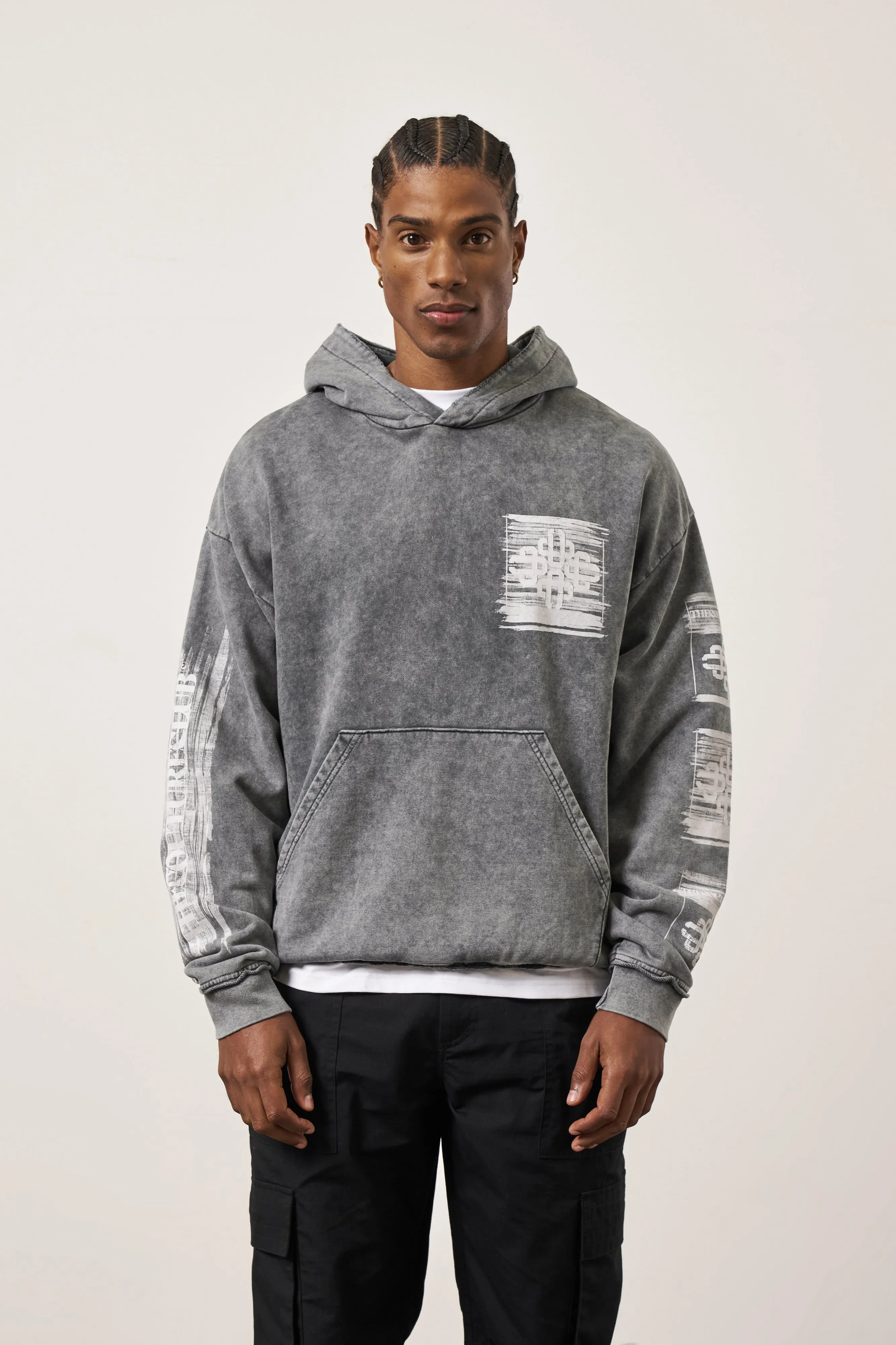 PAINT EFFECT EMBLEM HOODIE - GREY