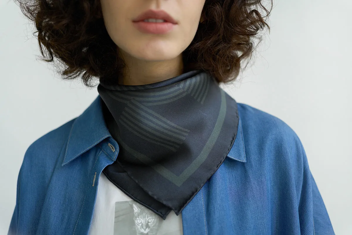 "Linear Language" Silk Bandana Scarf - Black