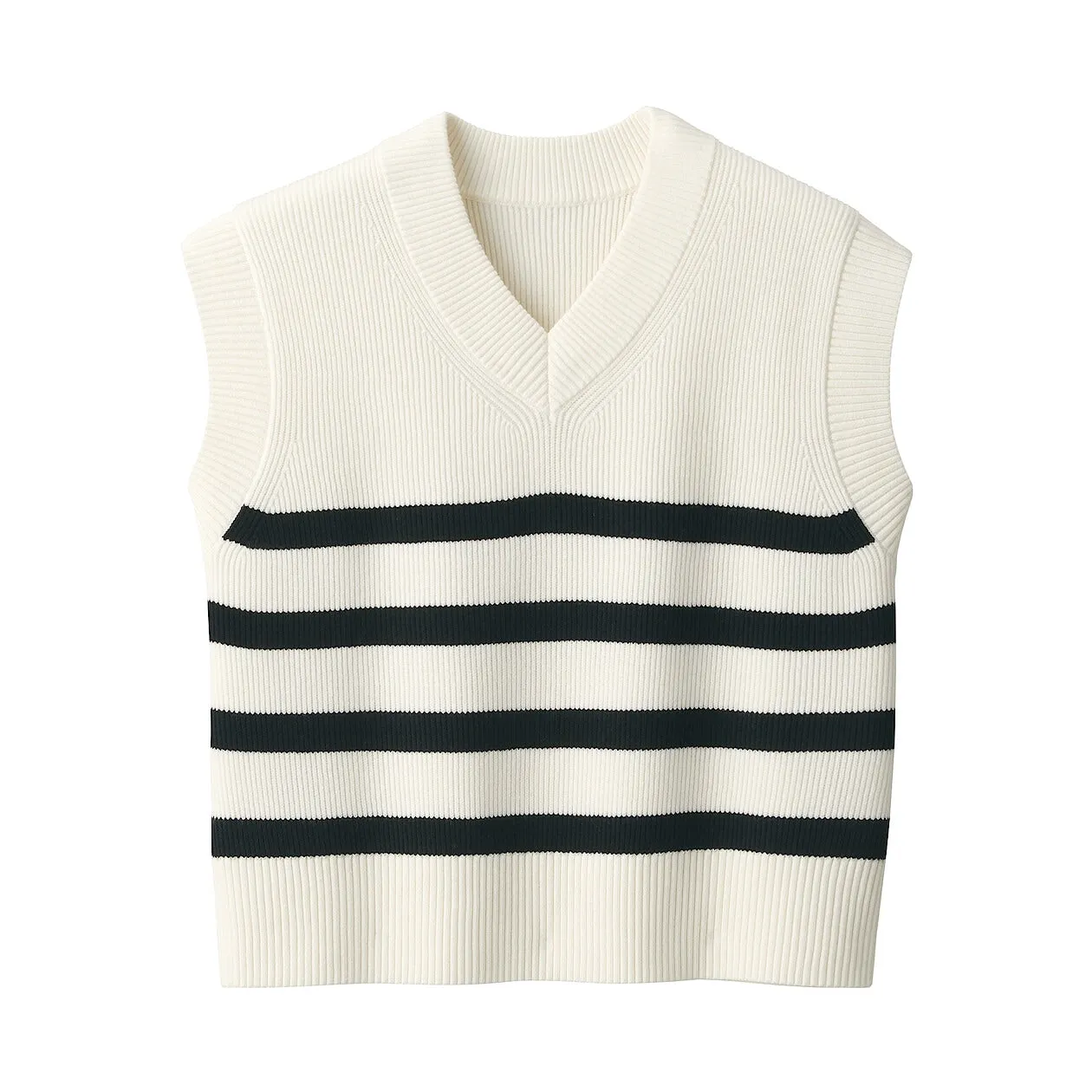 Ribbed Knit V-Neck Short Sweater Striped Vest