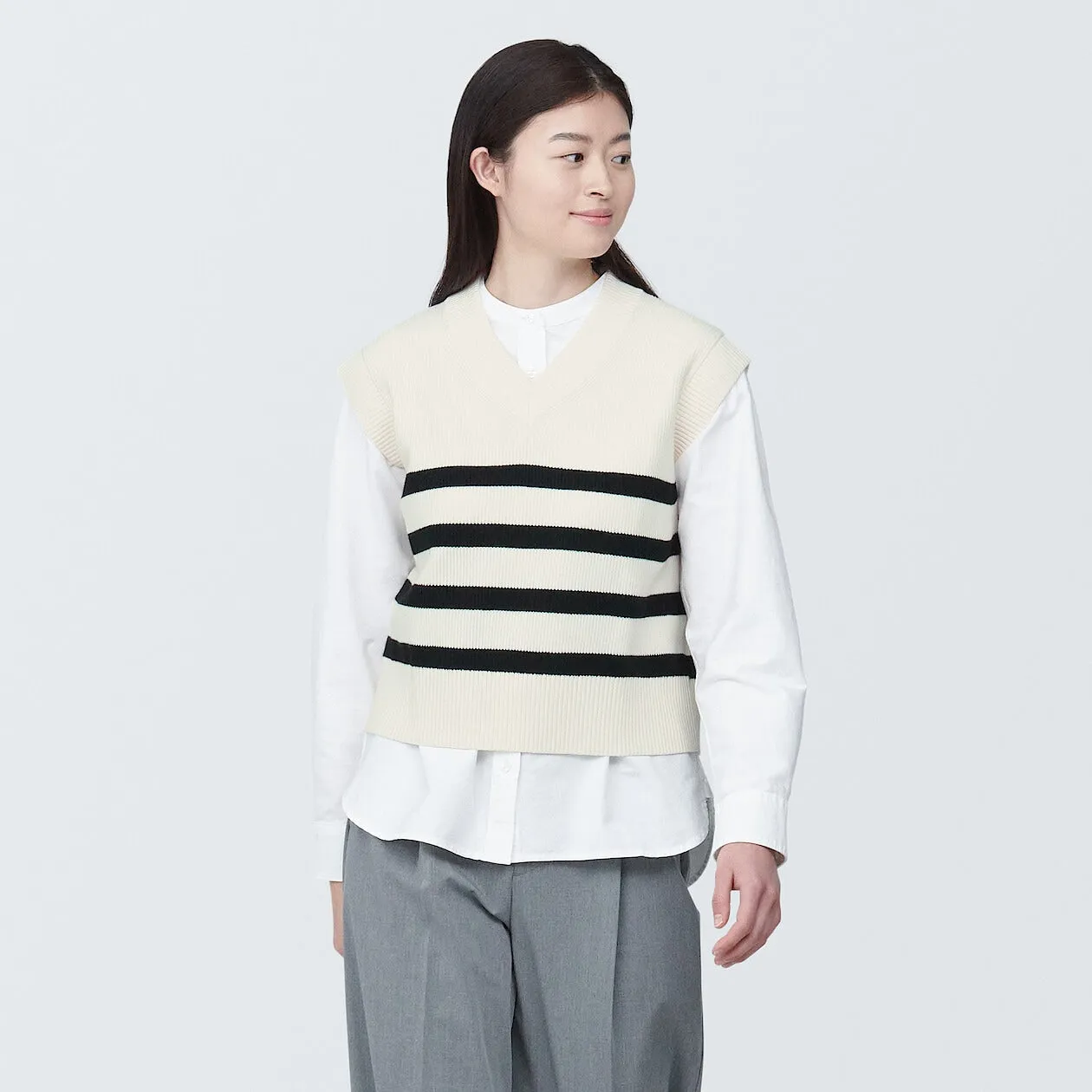 Ribbed Knit V-Neck Short Sweater Striped Vest