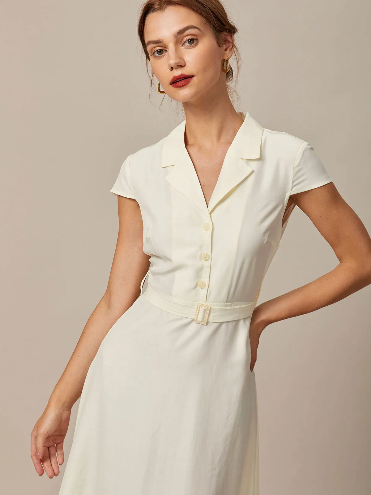 The Beige Lapel Cap Sleeve Shirt Midi Dress