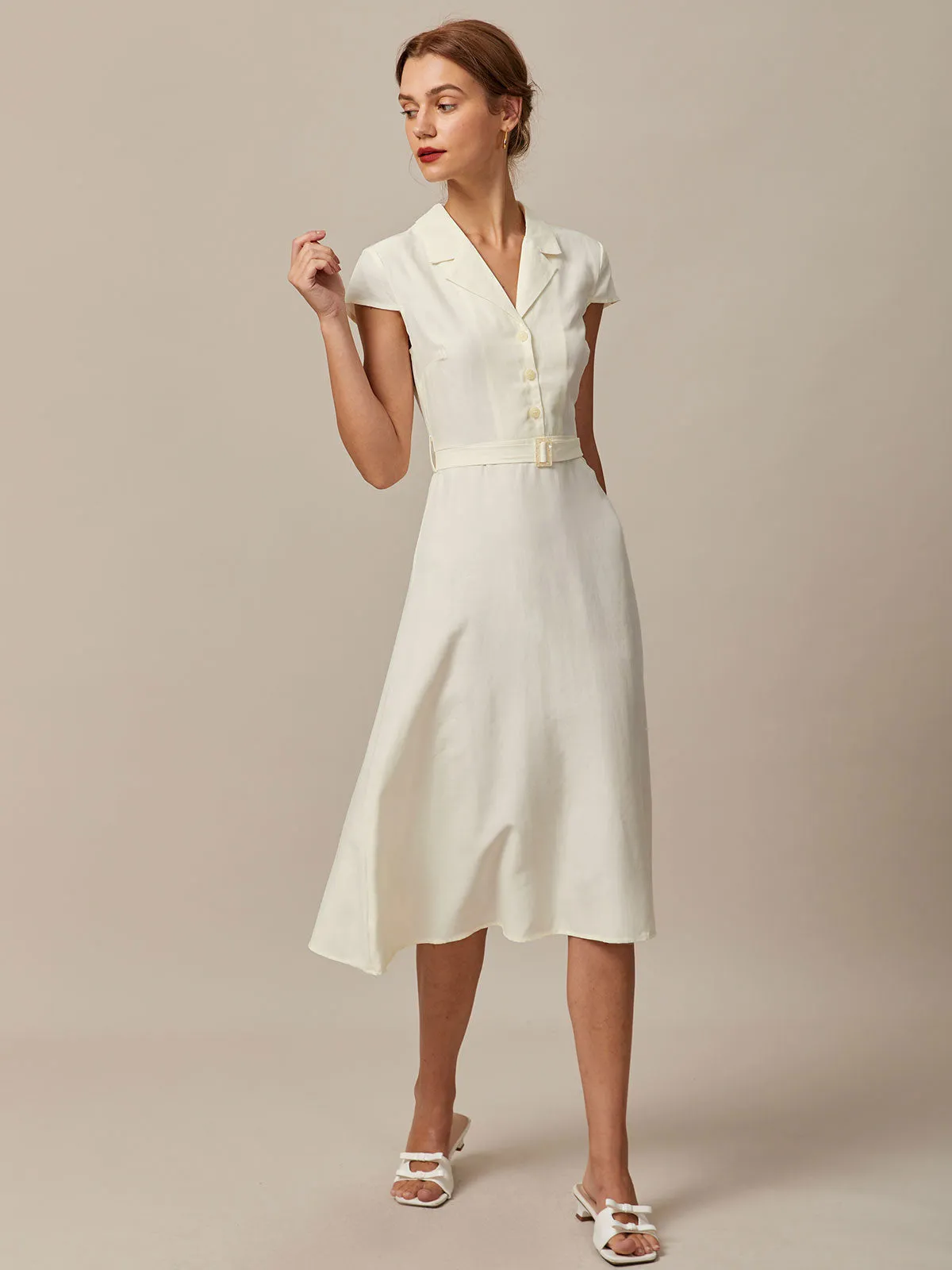 The Beige Lapel Cap Sleeve Shirt Midi Dress