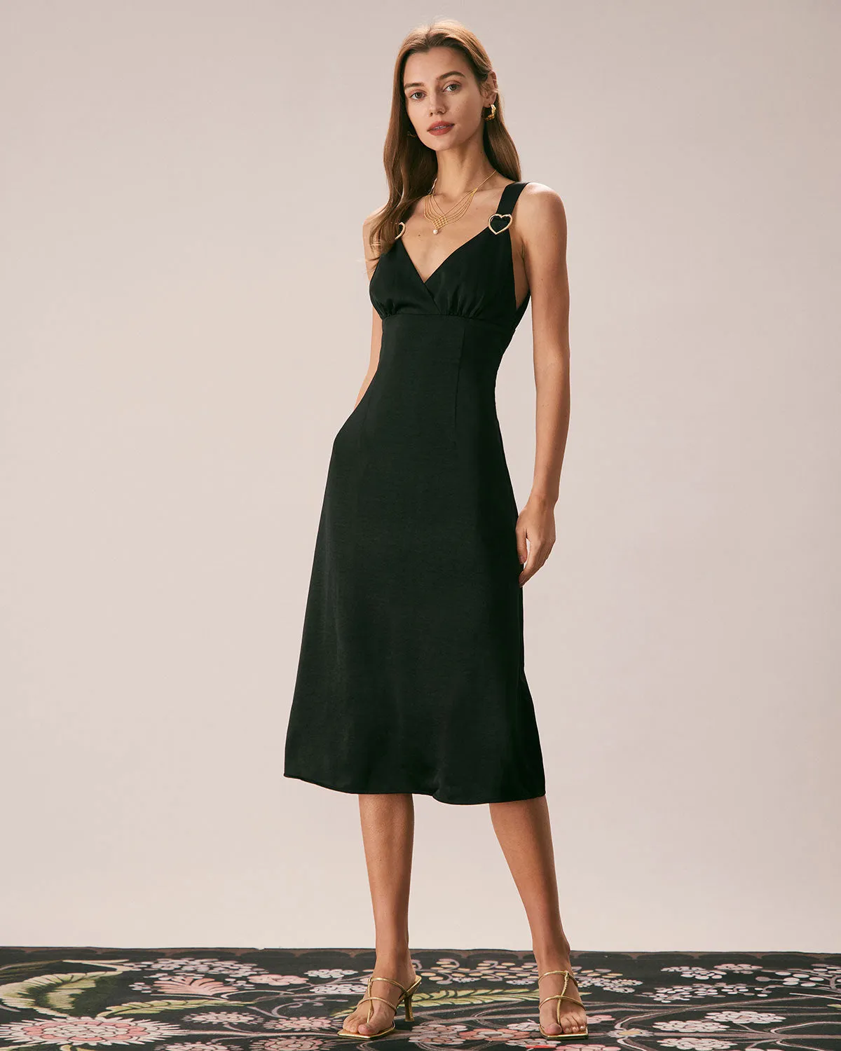 The Black V Neck Ruched Satin Midi Dress