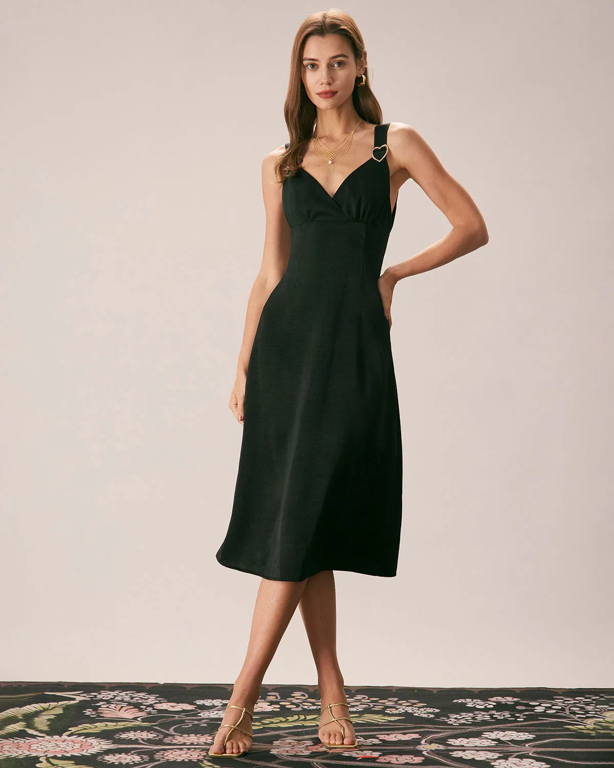 The Black V Neck Ruched Satin Midi Dress