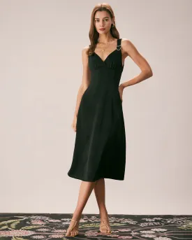 The Black V Neck Ruched Satin Midi Dress