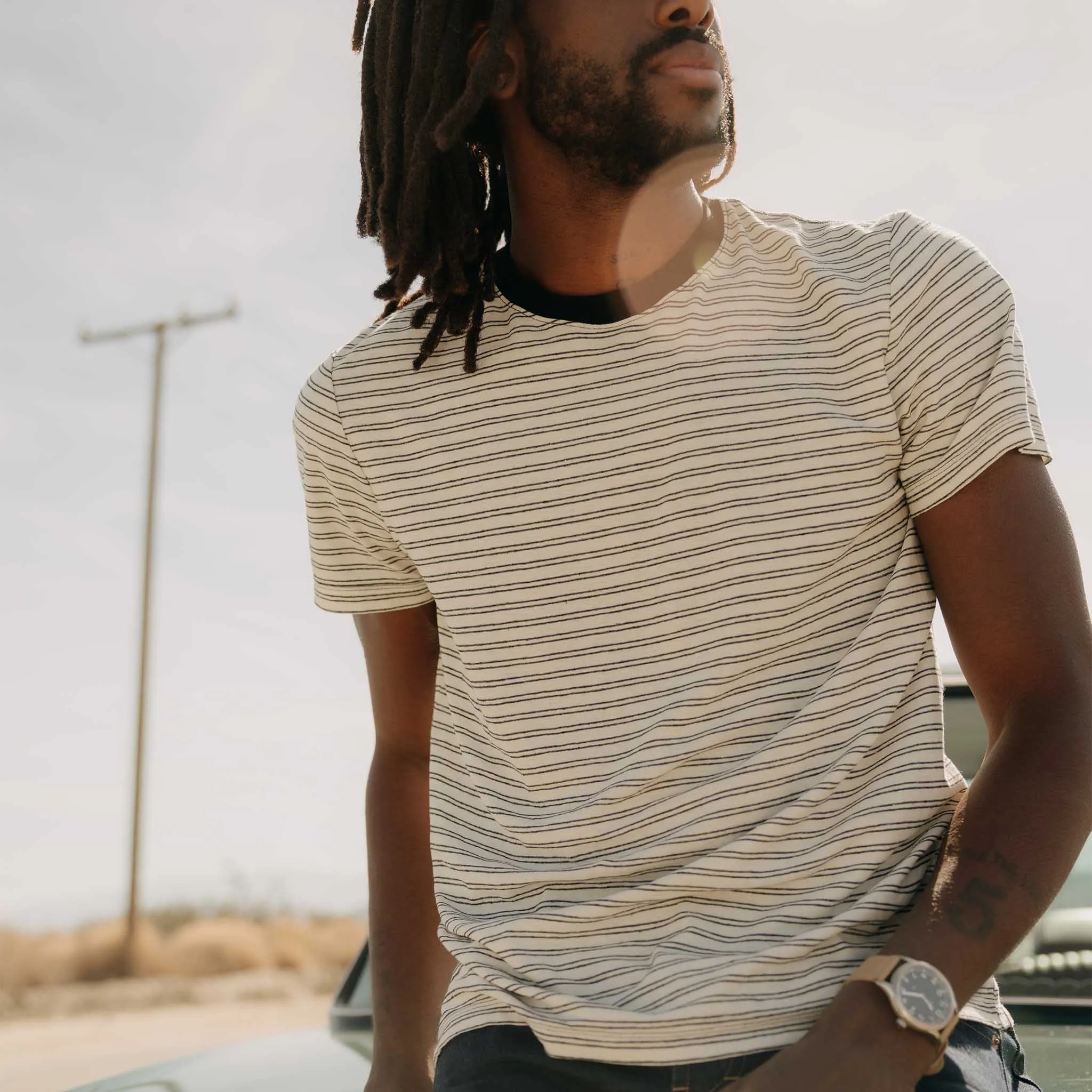 The Cotton Hemp Tee in Black Coffee Stripe