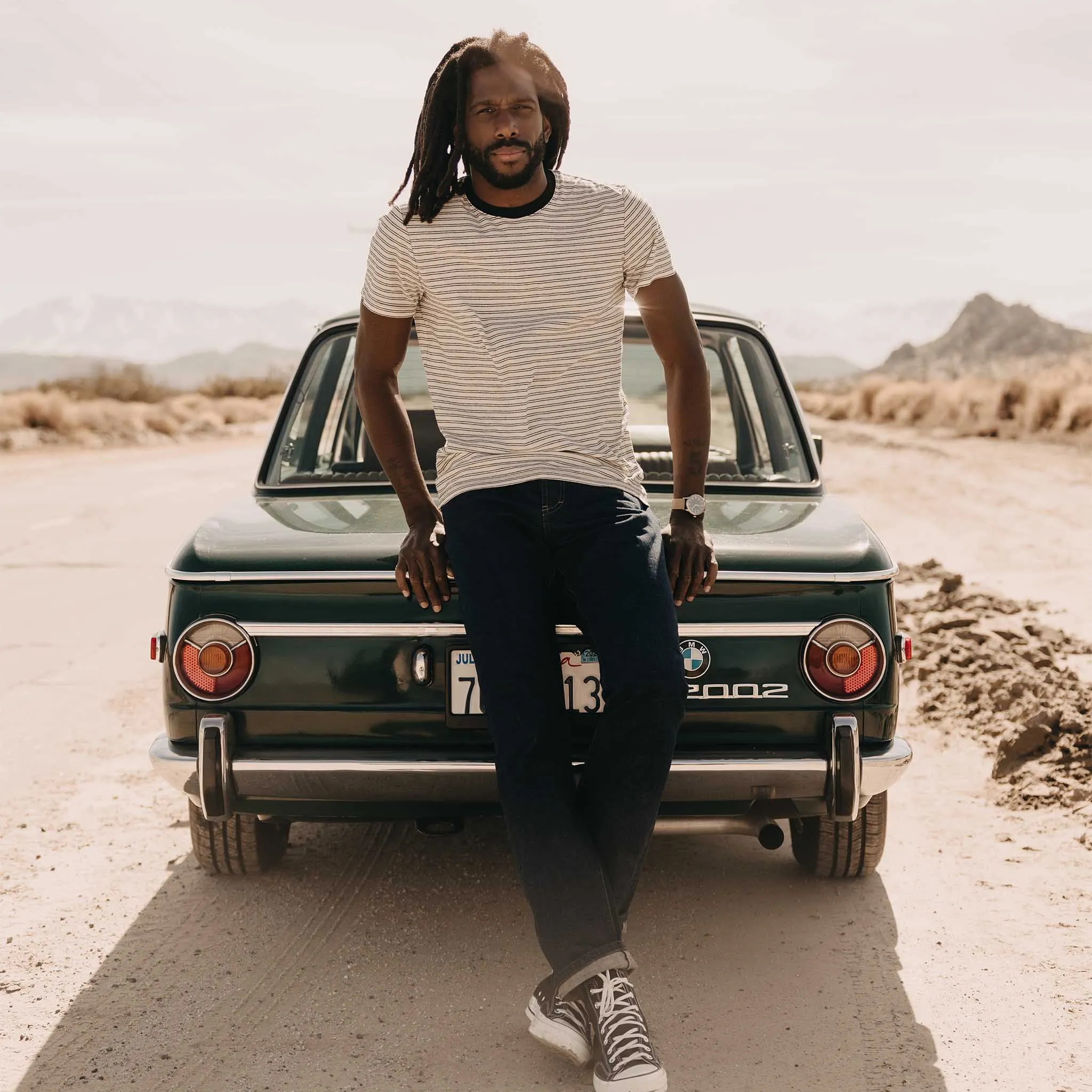 The Cotton Hemp Tee in Black Coffee Stripe