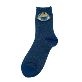 Tokyo socks in denim with a blue eyes gold lash brooch