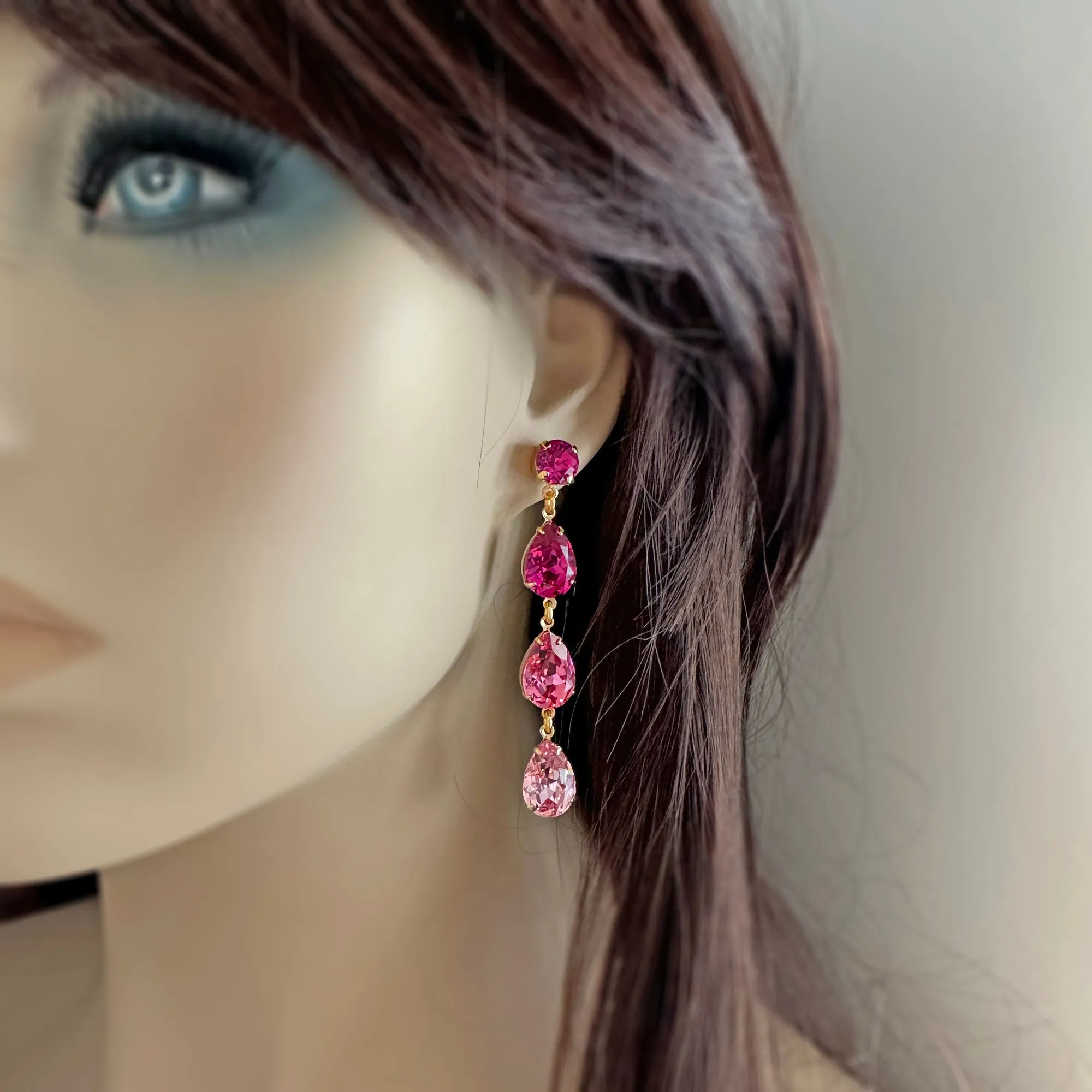 Triple Pear Long Post Earrings • Pink Ombre