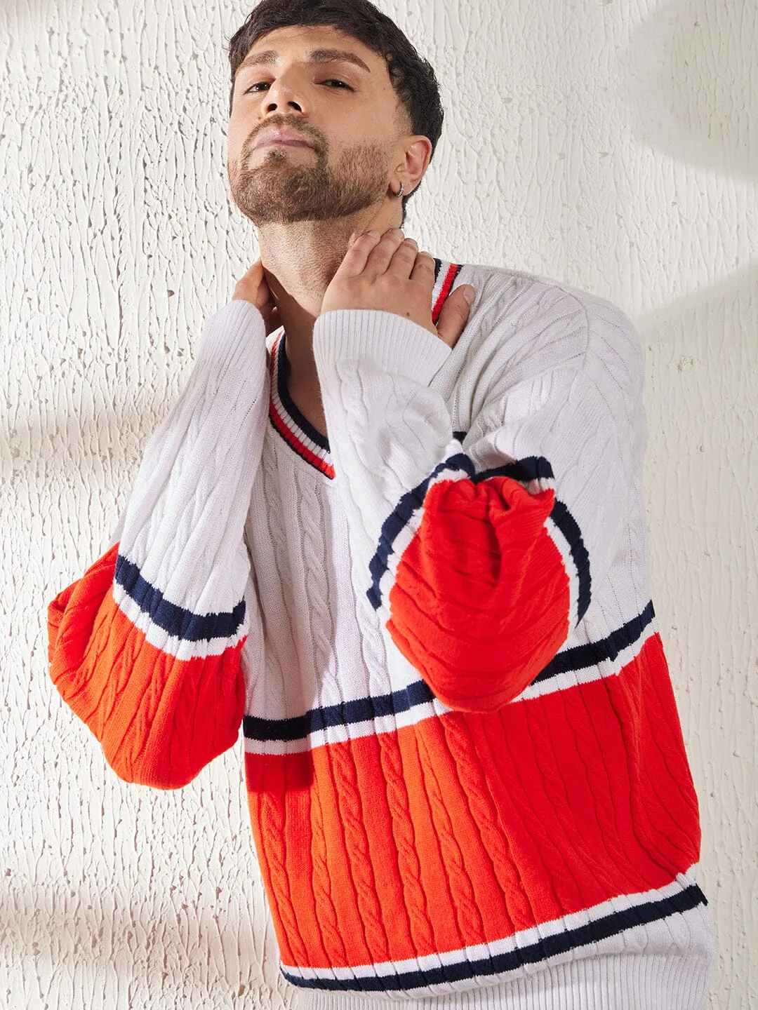 White & Red Cable Knit Monogram Sweater