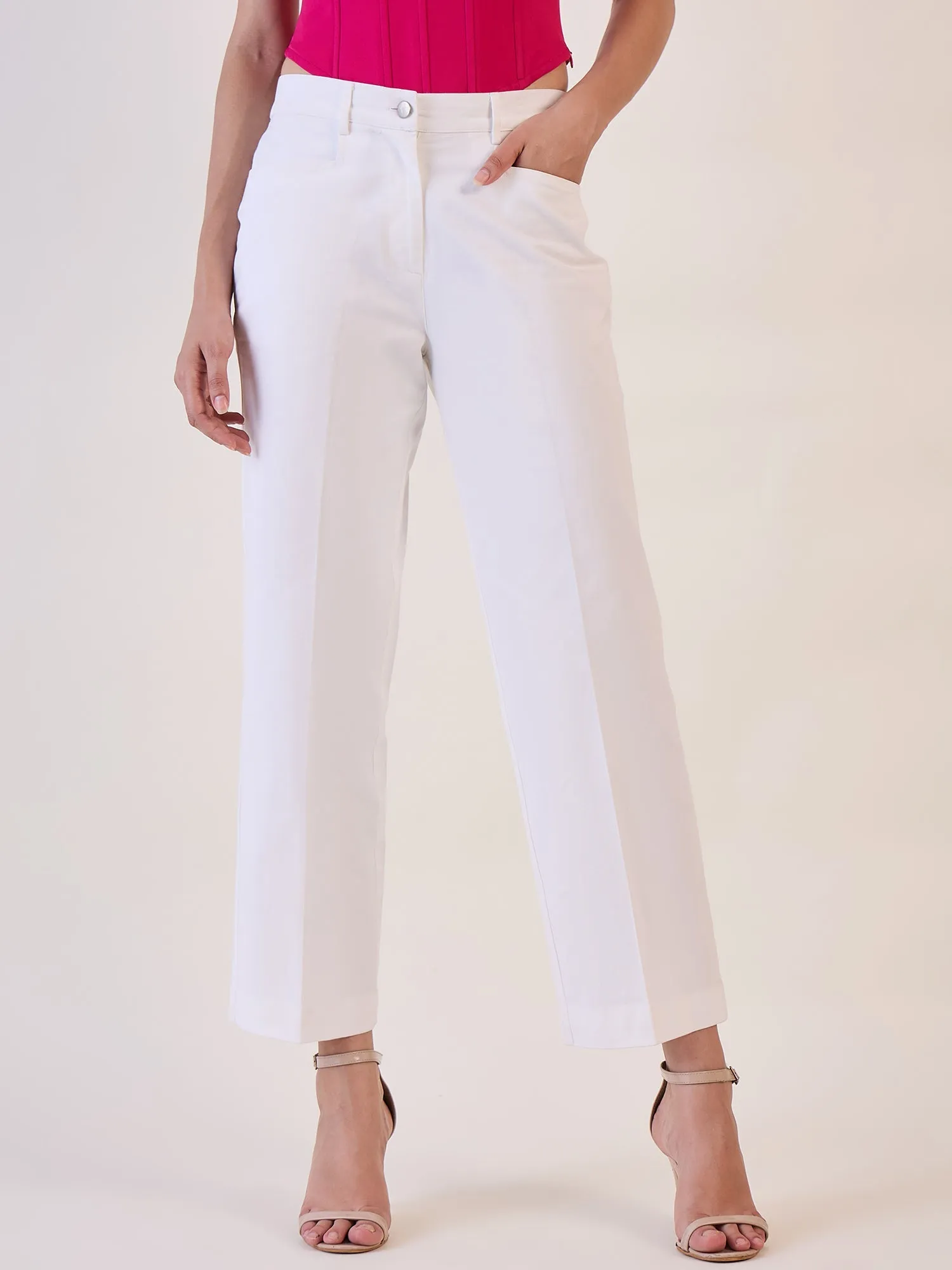 White Straight Fit Mid Waist Trouser