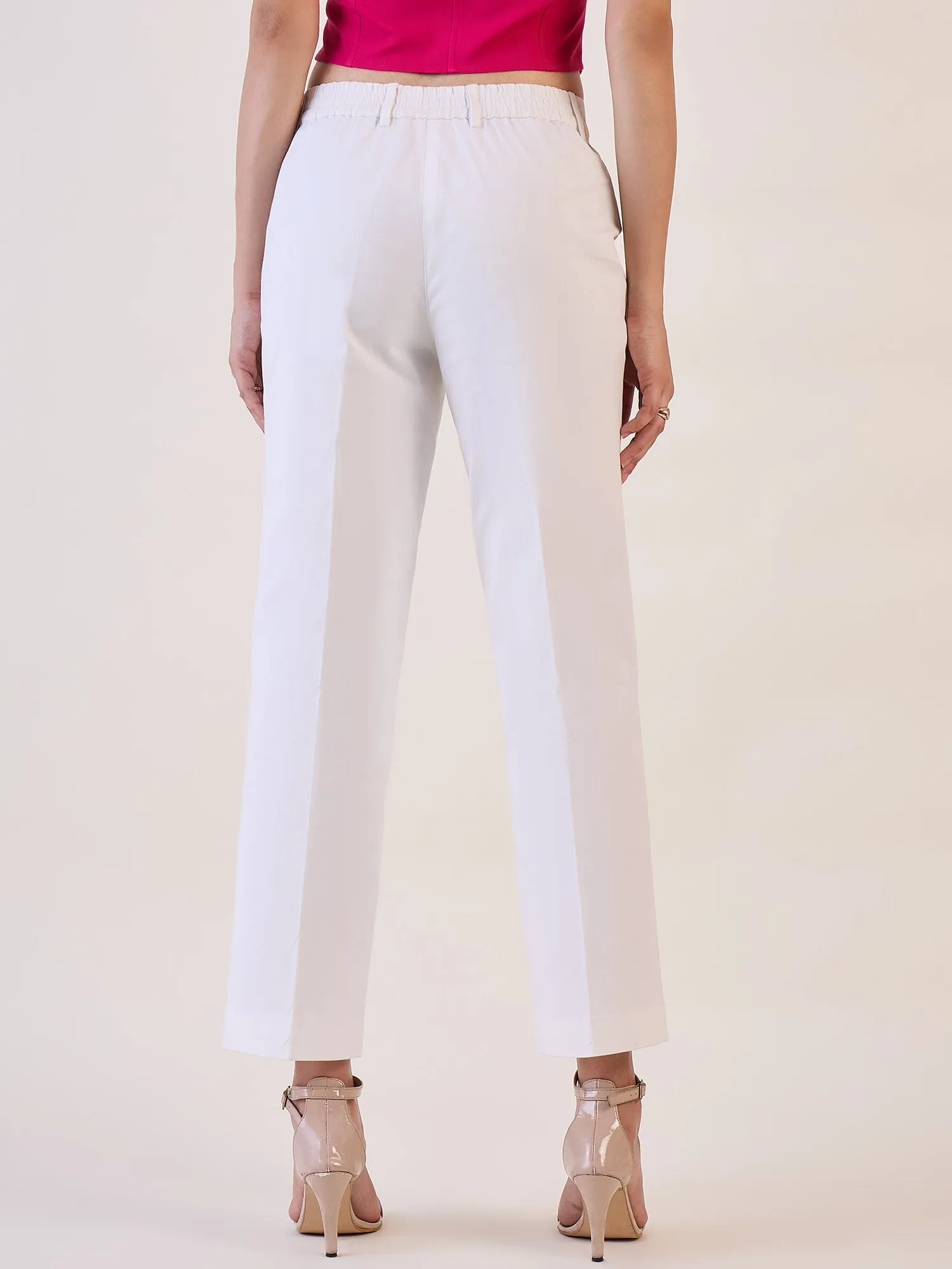 White Straight Fit Mid Waist Trouser