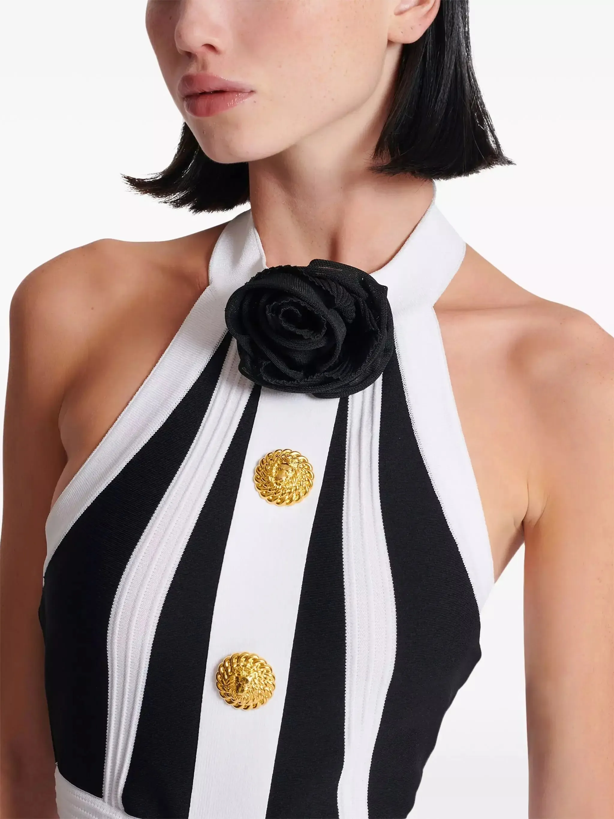 Women’s Backless Black and White Halter-Neck Knit Dress with Rose Detail